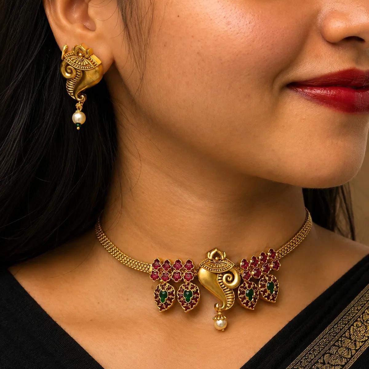Antique Ganesha Temple Choker Necklace Set (ANTIQUE-97) | Necklace and Earring