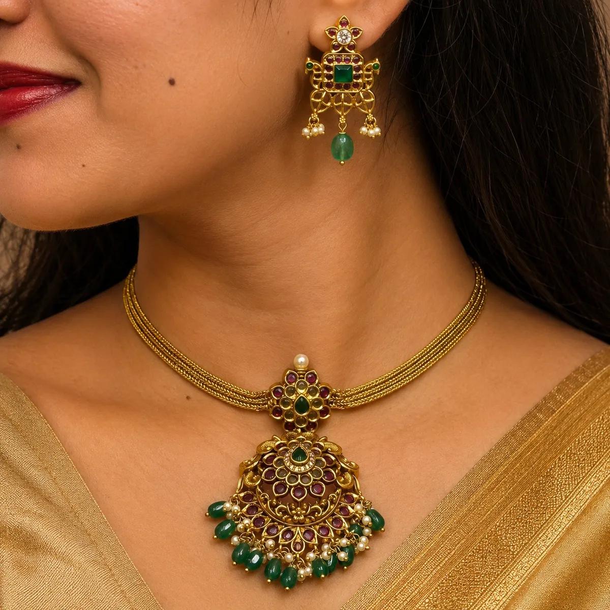 Antique Green Kundan Pendant Choker Necklace Set (ANTIQUE-127) | Necklace and Earring