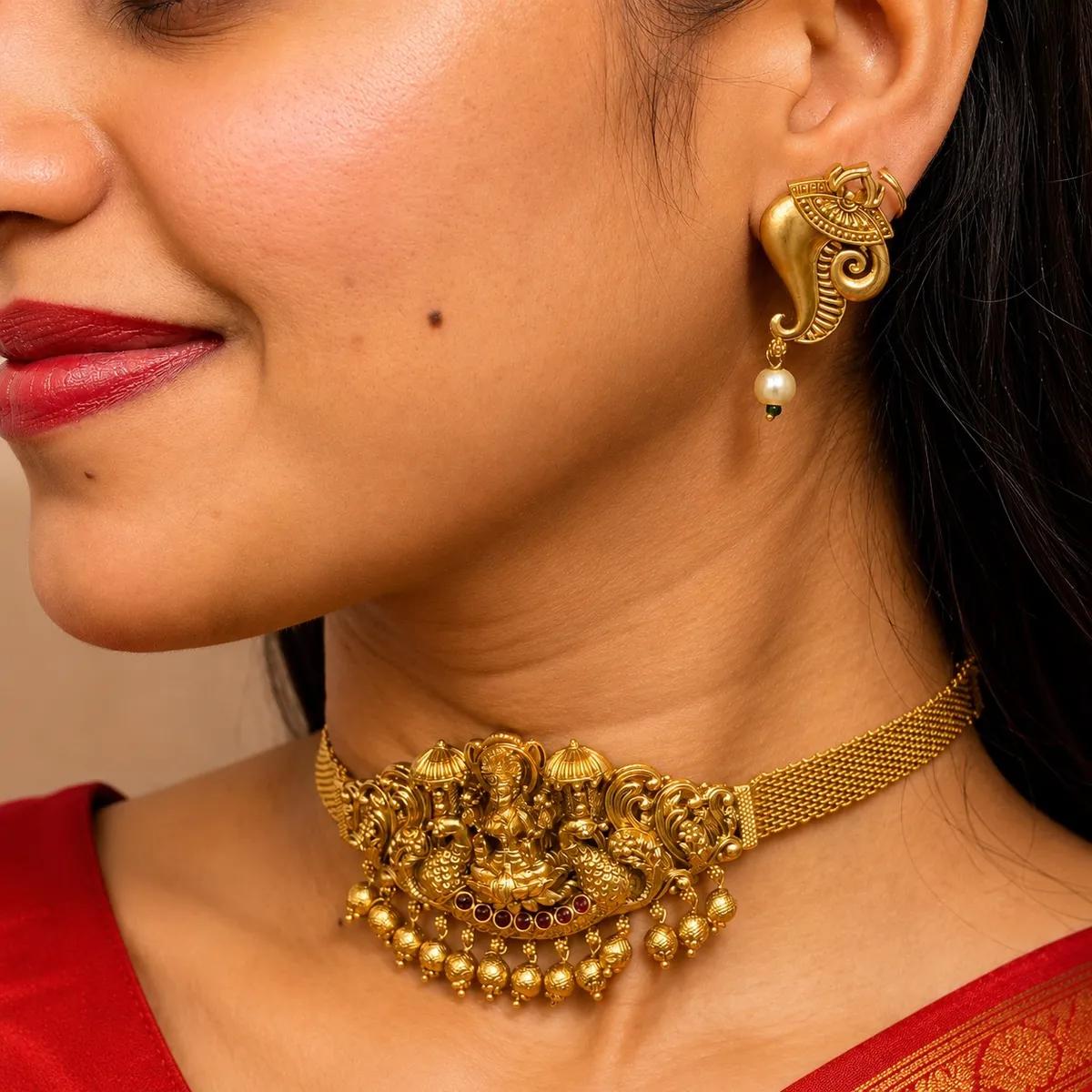 Antique Lakshmi Temple Choker Necklace Set (ANTIQUE-75) | Necklace and Earring