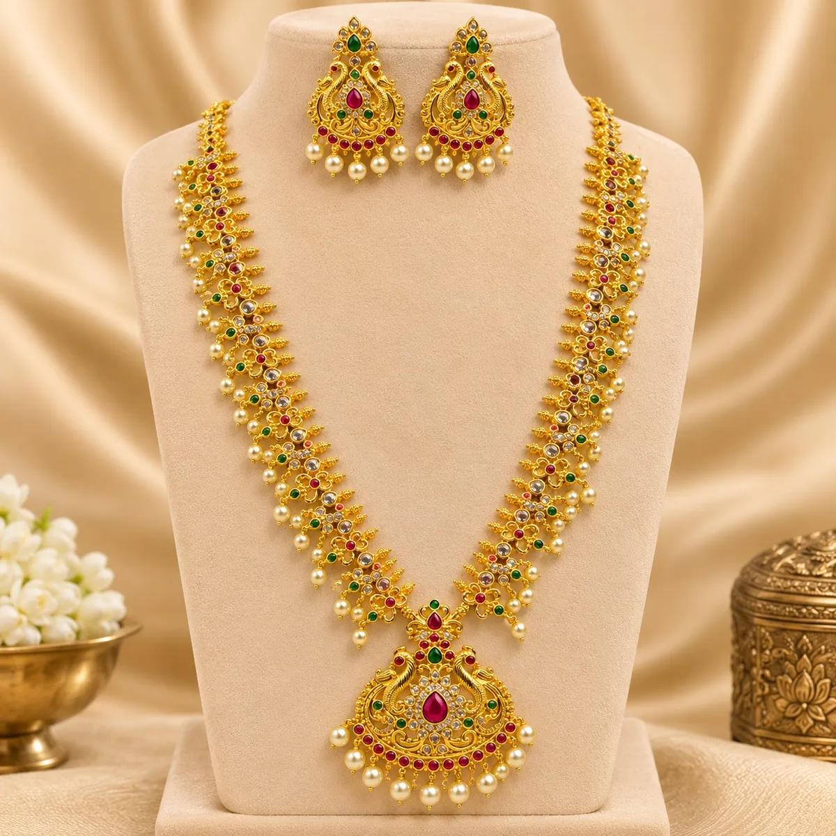 Antique Peacock Pearl Bridal Haram Set (5) | Necklace and Earring