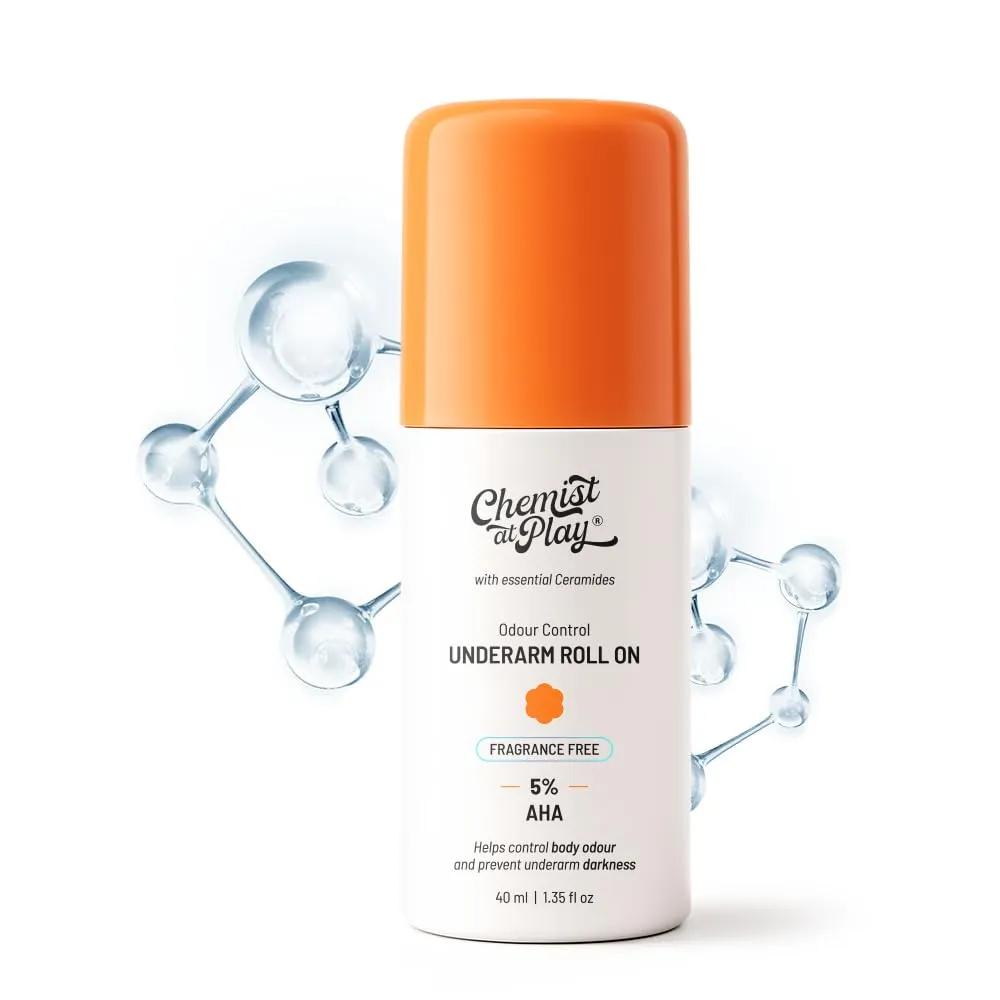 Chemist At Play UnderArm Roll On with 5% AHA, Lactic Acid & 1% Mandelic Acid | Prevents Body Odour, Fades Pigmentation & Kills Bacteria | 0% Aluminium & 0% Alcohol | For Sensitive Skin | Fragrance Free | 40ml