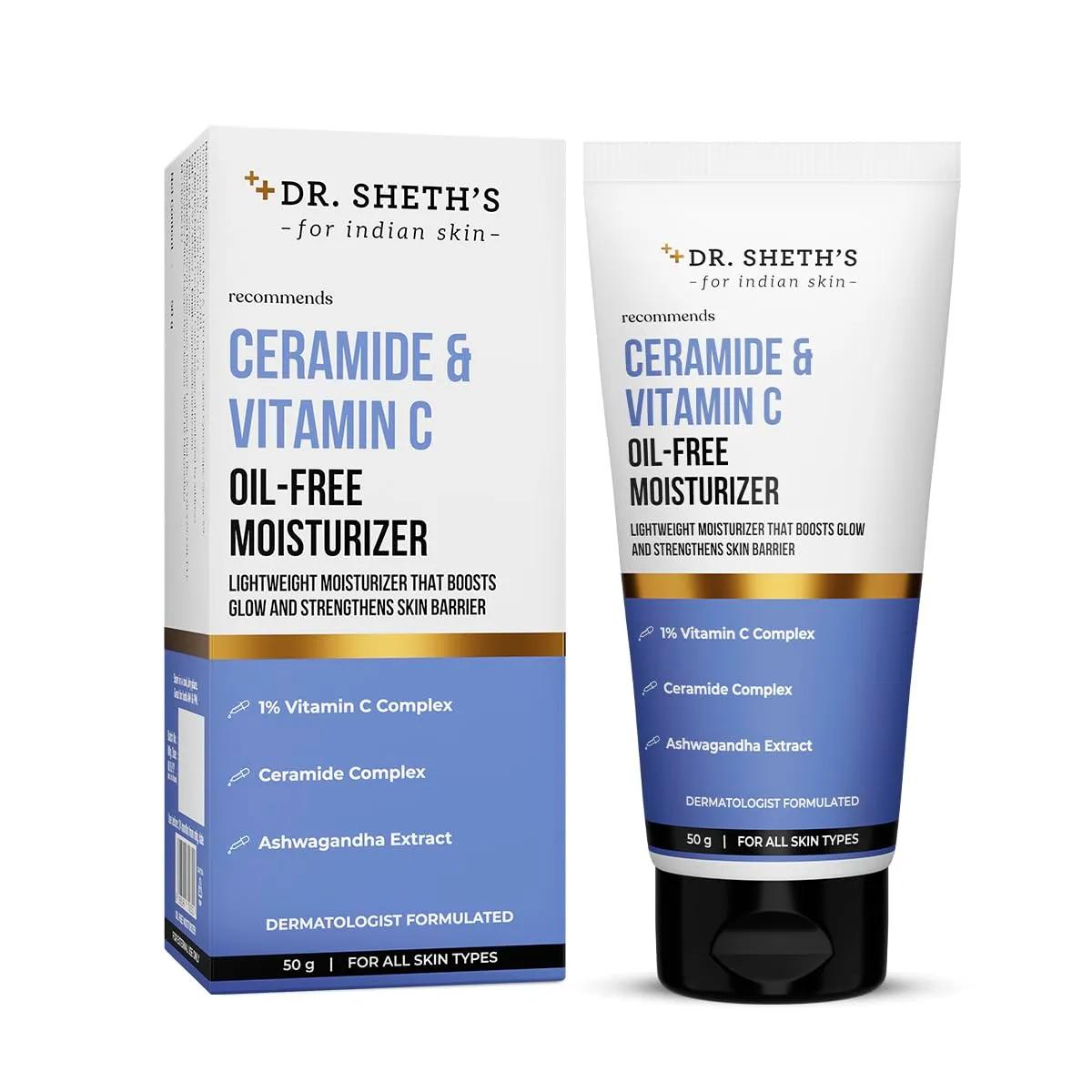 Dr. Sheth's Ceramide & Vitamin C Oil-Free Moisturizer | With 1% Vitamin C Complex, Ceramide & Ashwagandha | Lightweight Moisturizer to Hydrate & Brighten Skin | For Oily, Combination & Acne-Prone Skin | For Women & Men | 50 g