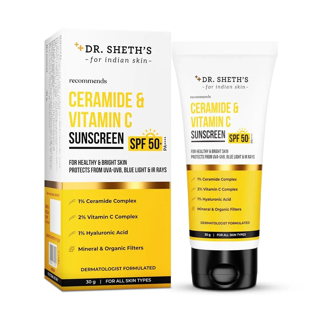 Dr. Sheth's Ceramide & Vitamin C Sunscreen | In-Vivo Tested | Protects, Moisturizes & Brightens Skin | SPF 50+ PA++++ | Lightweight, Leaves No White Cast | 30 g