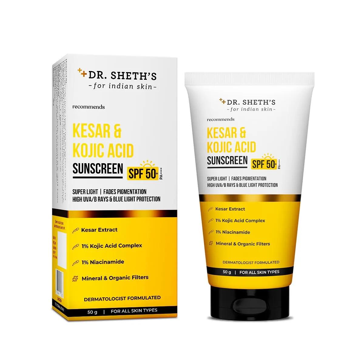 Dr. Sheth's Kesar & Kojic Acid Sunscreen | With 2% Kojic Acid | In-Vivo Tested | Pigmentation-Free, Glowing & Protected Skin | SPF 50+ PA++++ | Lightweight, Zero White Cast | For All Skin Types | 50 g