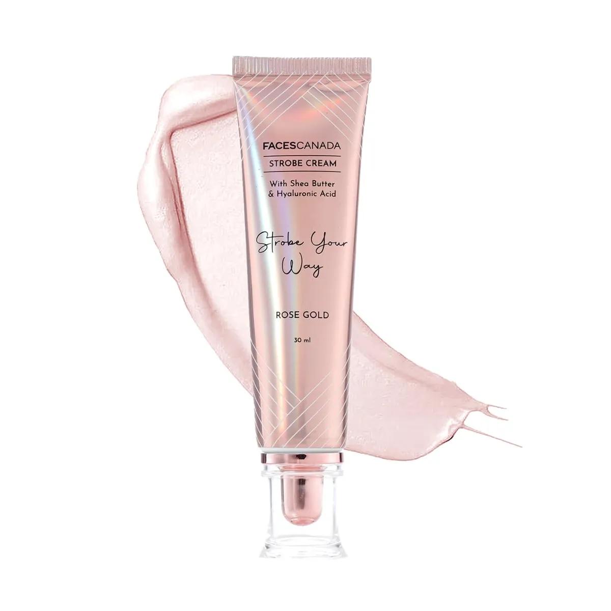 FACESCANADA Strobe Cream - Rose Gold, 30Ml | Primer + Highlighter + Moisturizer | Shea Butter & Hyaluronic Acid | Intense Hydration | Flawless Radiant Dewy Skin | Illuminating & Glowing Makeup Base