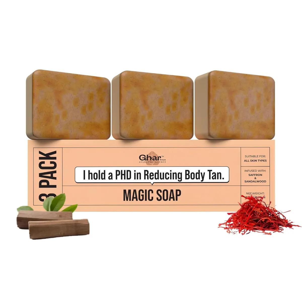 Ghar Soaps Sandalwood & Saffron Magic Soaps For Bath (300 Gms Pack Of 3) | Paraben Free | Chandan & Kesar Bath Soap | Handmade Soaps For Glowing | Skin Brightening Soap For Men & Women