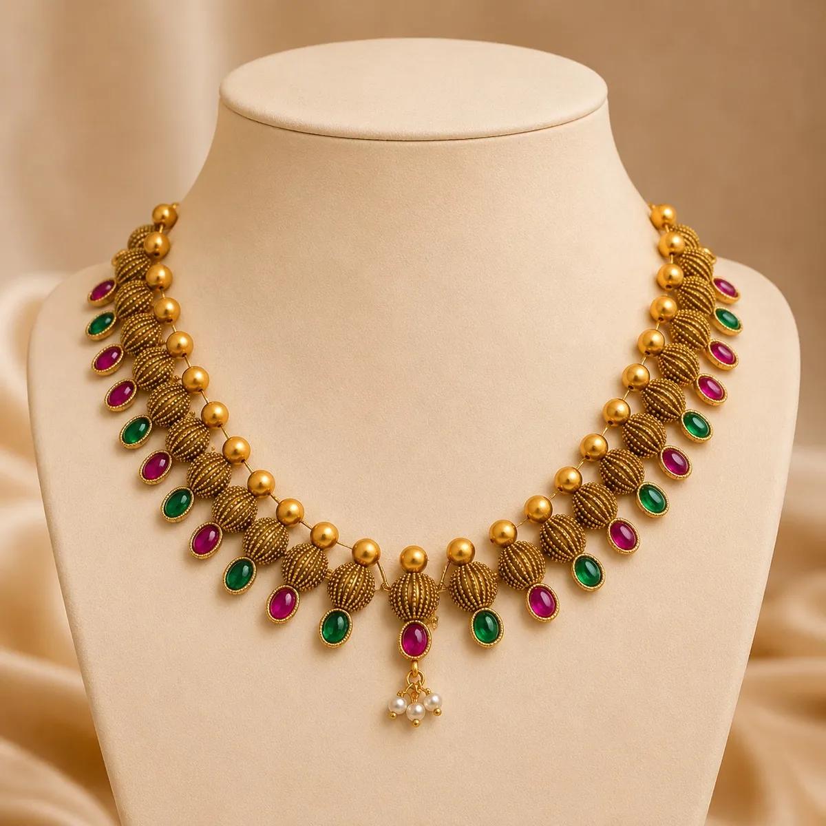 Heritage Beaded Ruby & Emerald Temple Necklace Set (102) | Necklace and Earring