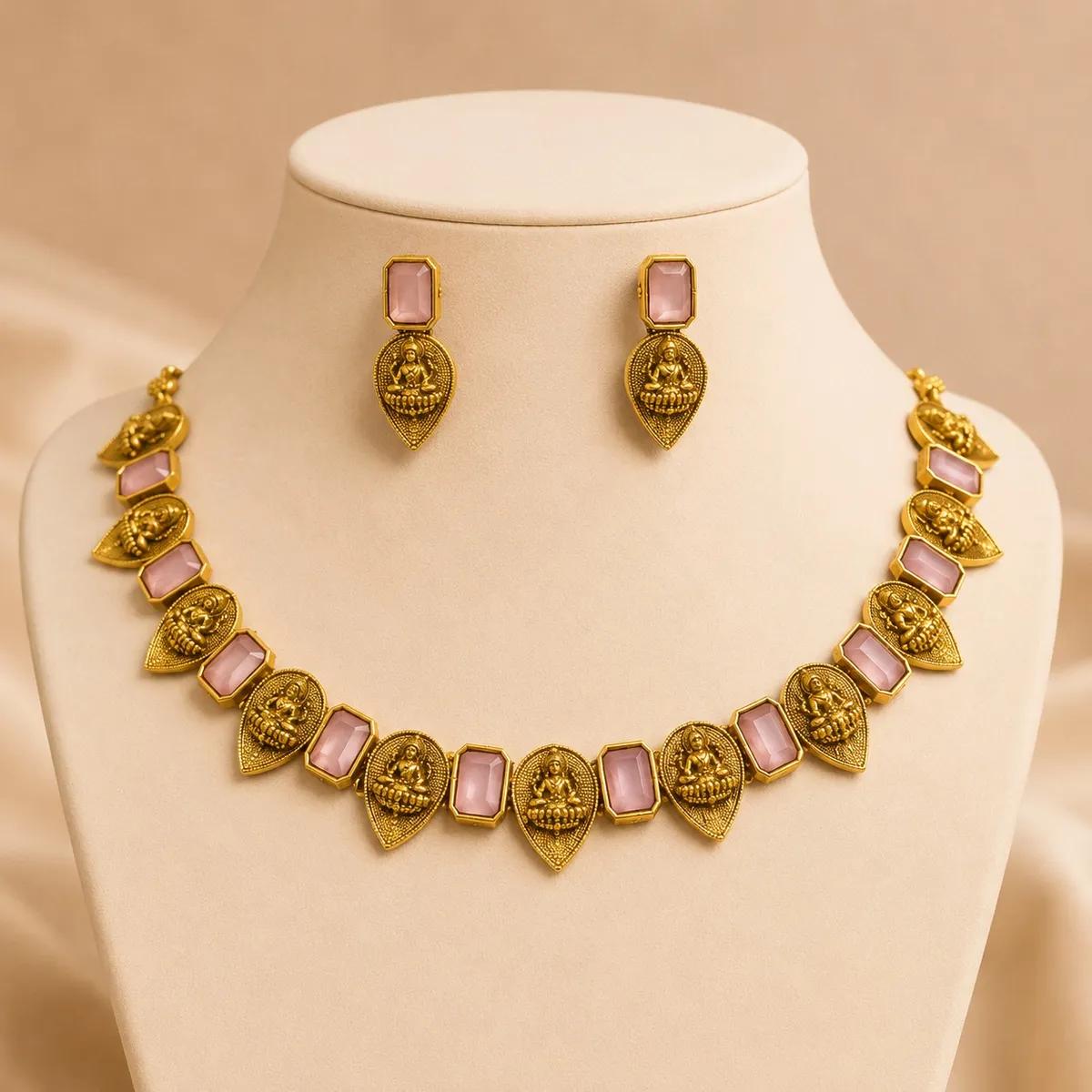 Lakshmi Heritage Pink Stone Temple Necklace Set (SWT 41) | Necklace and Earring