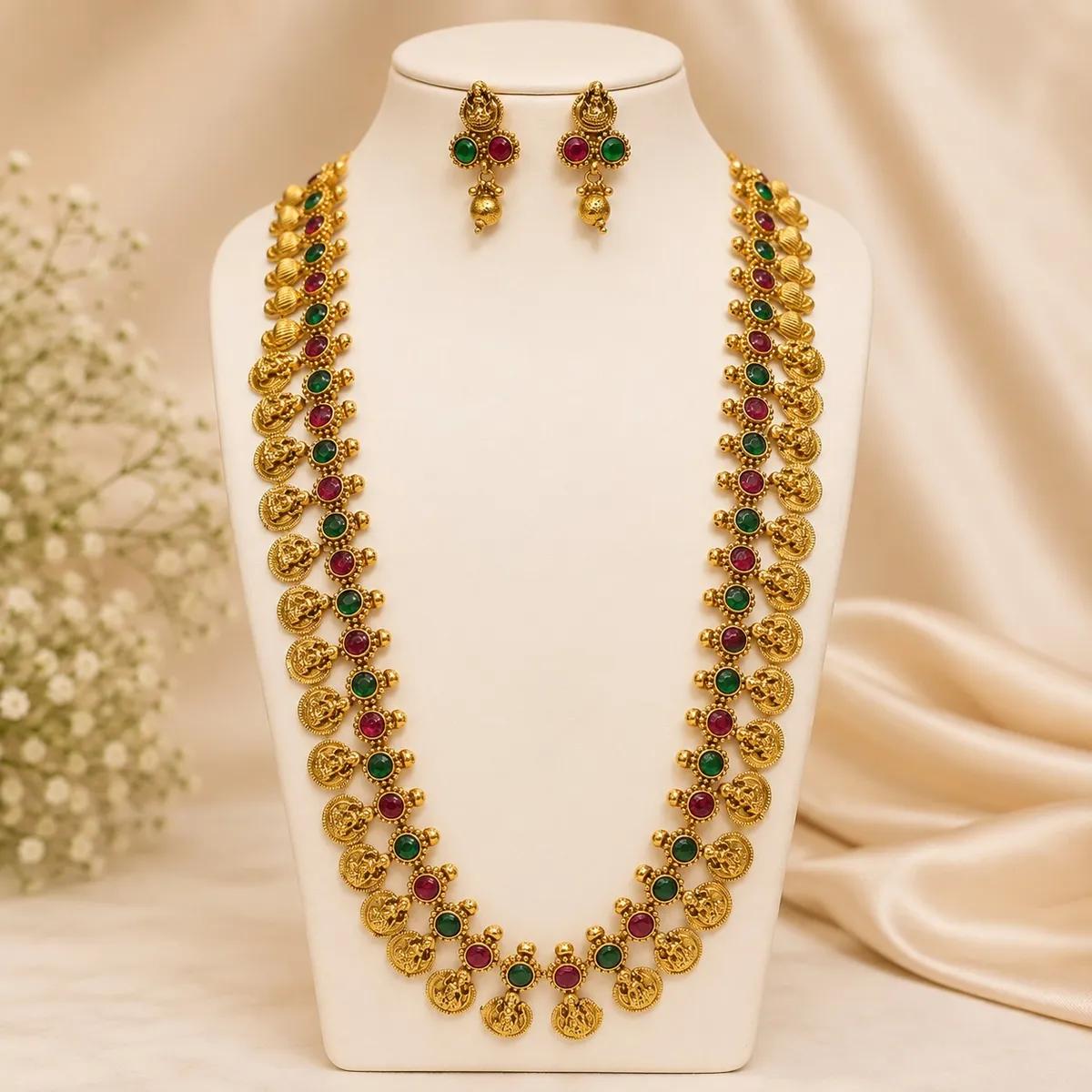 Lakshmi Kasu Long Haram Necklace Set (9) | Necklace and Earring
