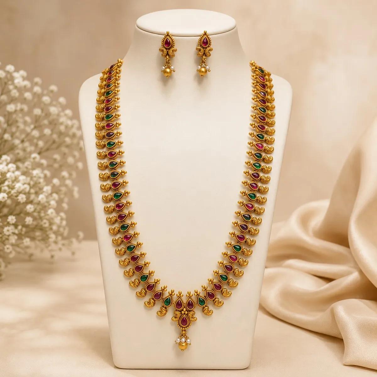 Mayura Ruby Emerald Long Haram Necklace Set (9) | Necklace and Earring