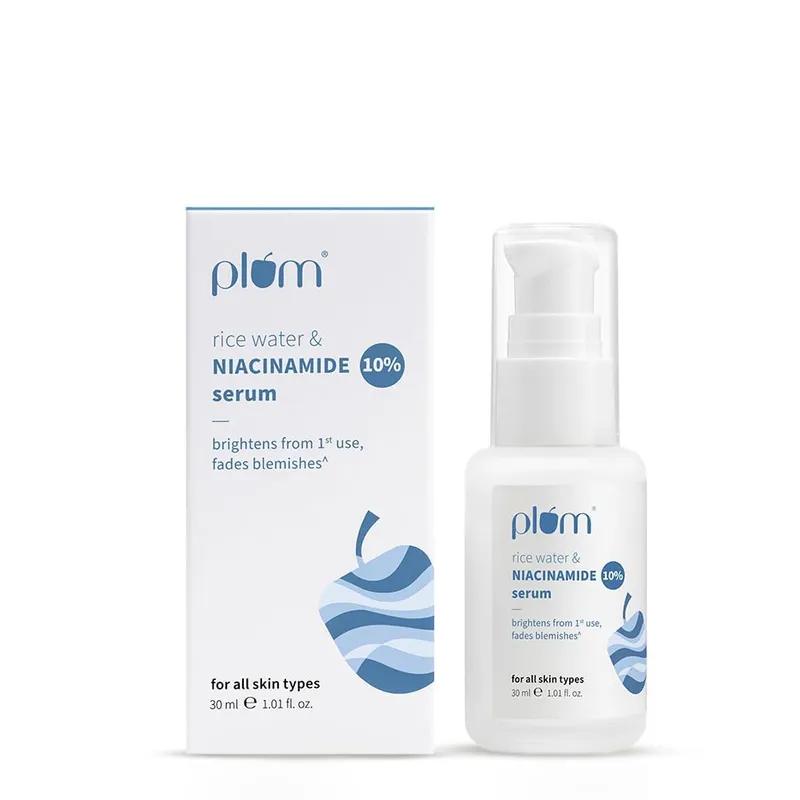 Plum 10% Niacinamide Serum with Rice Water | Provides Clear, Glowing & Brightening Skin | for Acne Prone, Combination, Oily & Sensitive Skin | Oil Control & Anti Acne Face Serum for Women & Men | 30ml
