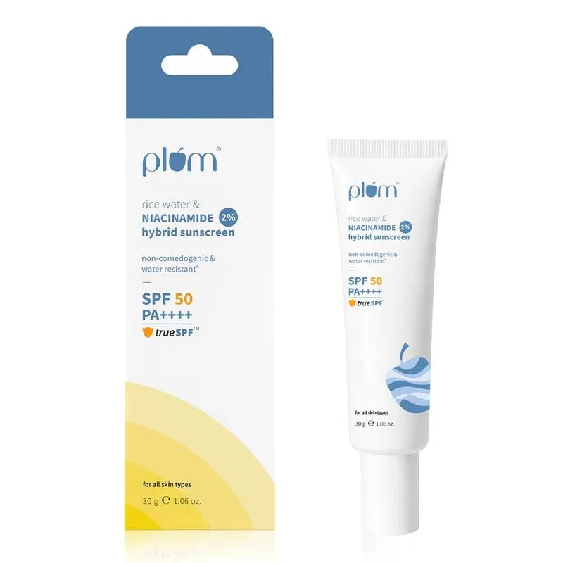Plum SPF 50 PA++++ Sunscreen with 2% Niacinamide & Rice Water | In-Vivo Tested | Lightweight, No White Cast | Broad Spectrum UVA/UVB protection | Brightens Skin, Reduces Tan | Oily & Dry Skin | 50g