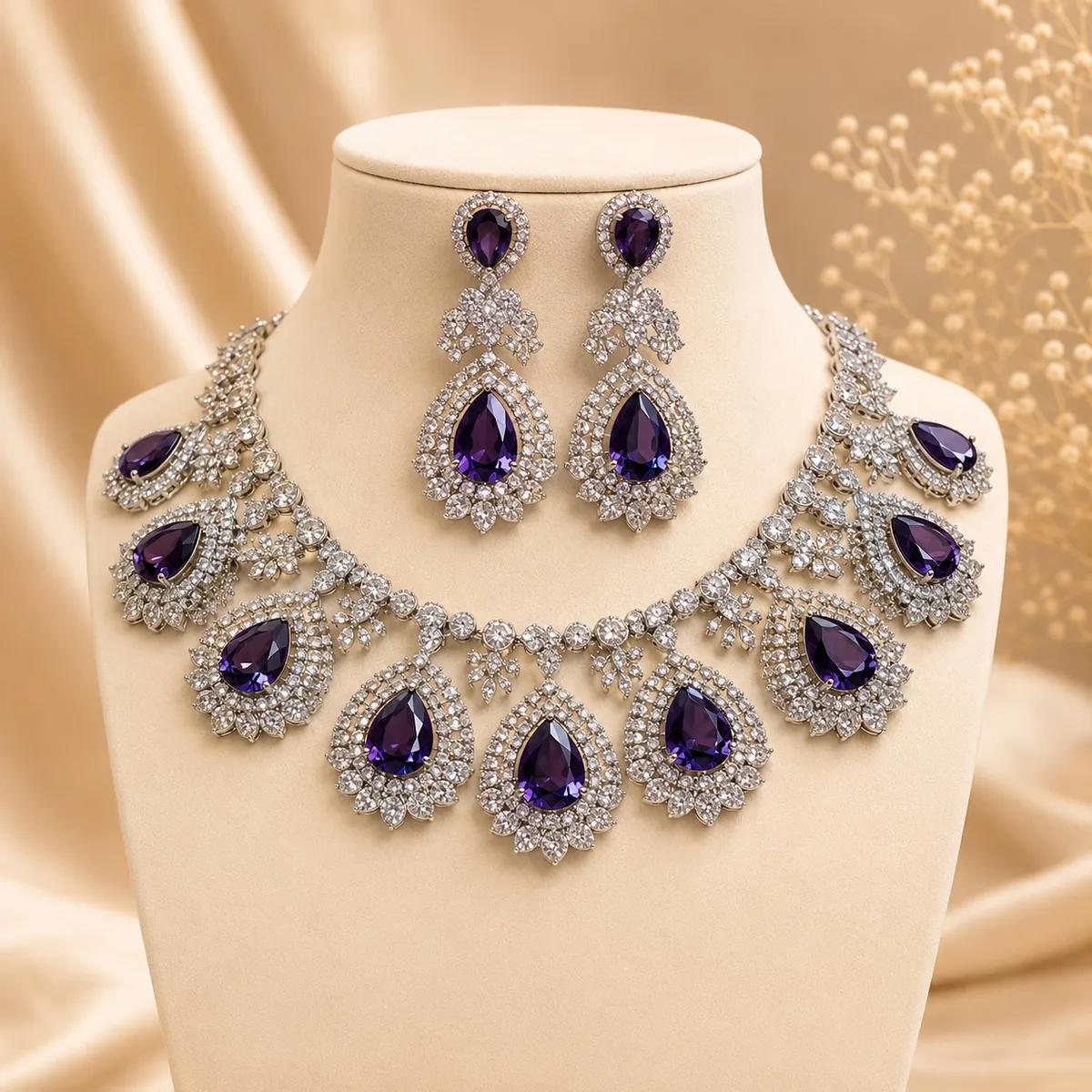 Royal Amethyst Victorian Statement Necklace Set (SWT 456) | Necklace and Earring