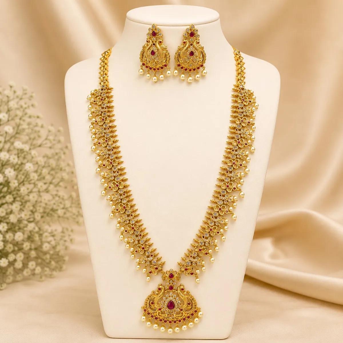 Royal Peacock Pearl Long Haram Necklace Set (5) | Necklace and Earring