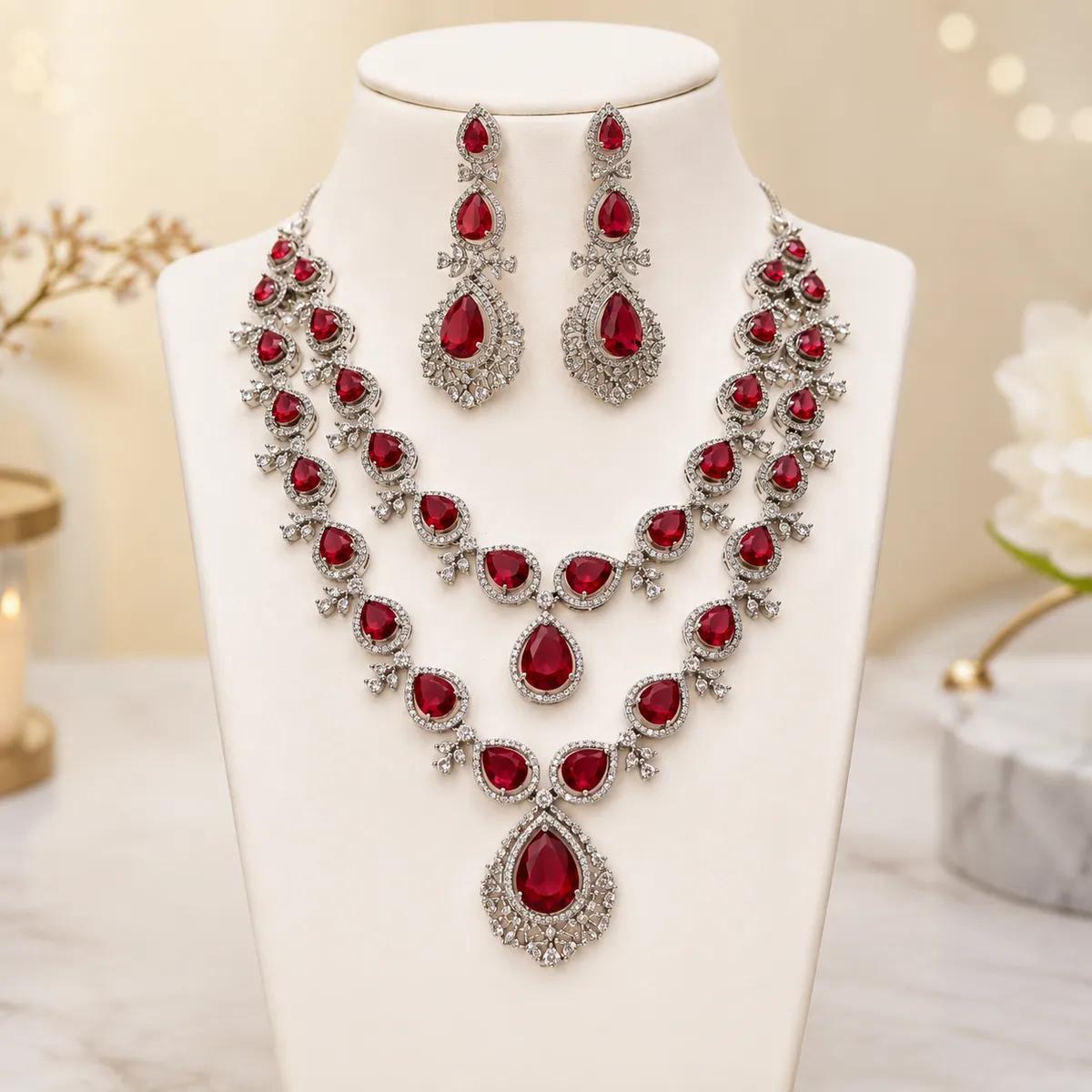 Ruby Royale Layered Victorian Necklace Set (SWT 298) | Necklace and Earring