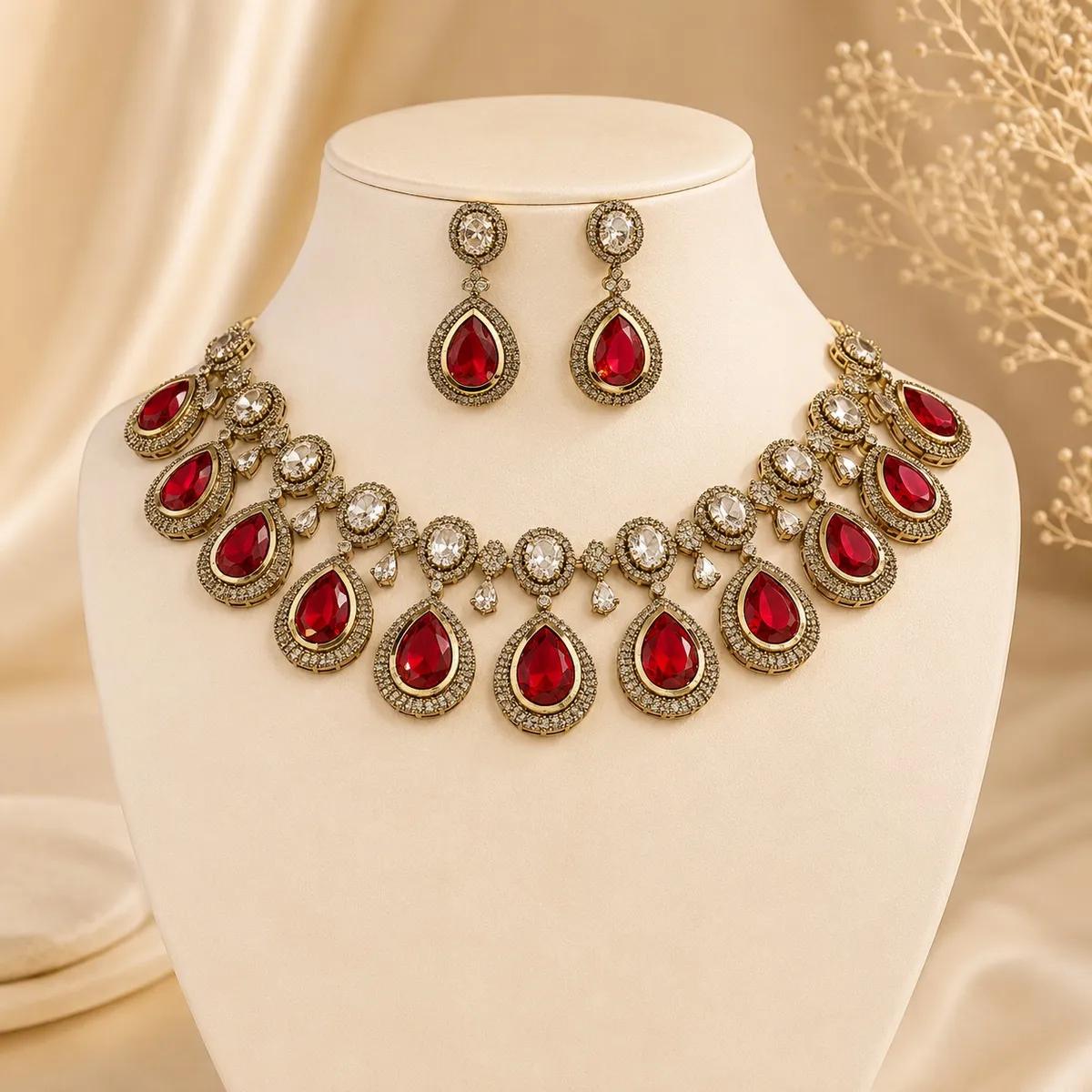 Ruby Royale Victorian Statement Necklace Set (12) | Necklace and Earring