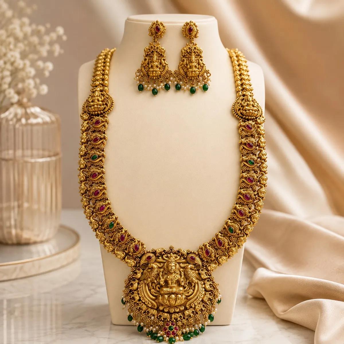 Sri Mahalakshmi Grand Temple Haram Necklace Set (SWT 526) | Necklace and Earring