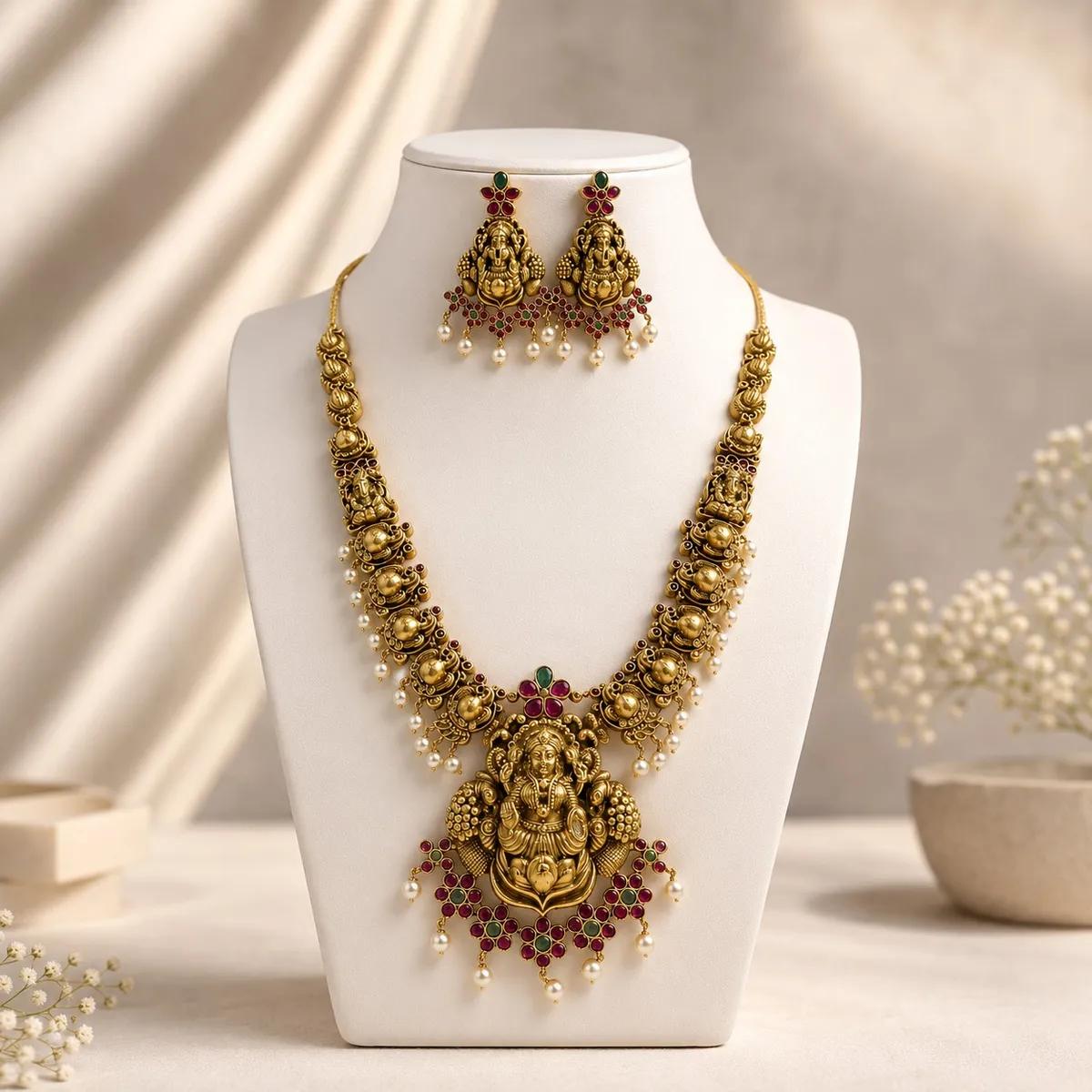 Sri Mahalakshmi Heritage Temple Necklace Set (AKT-42) | Necklace and Earring