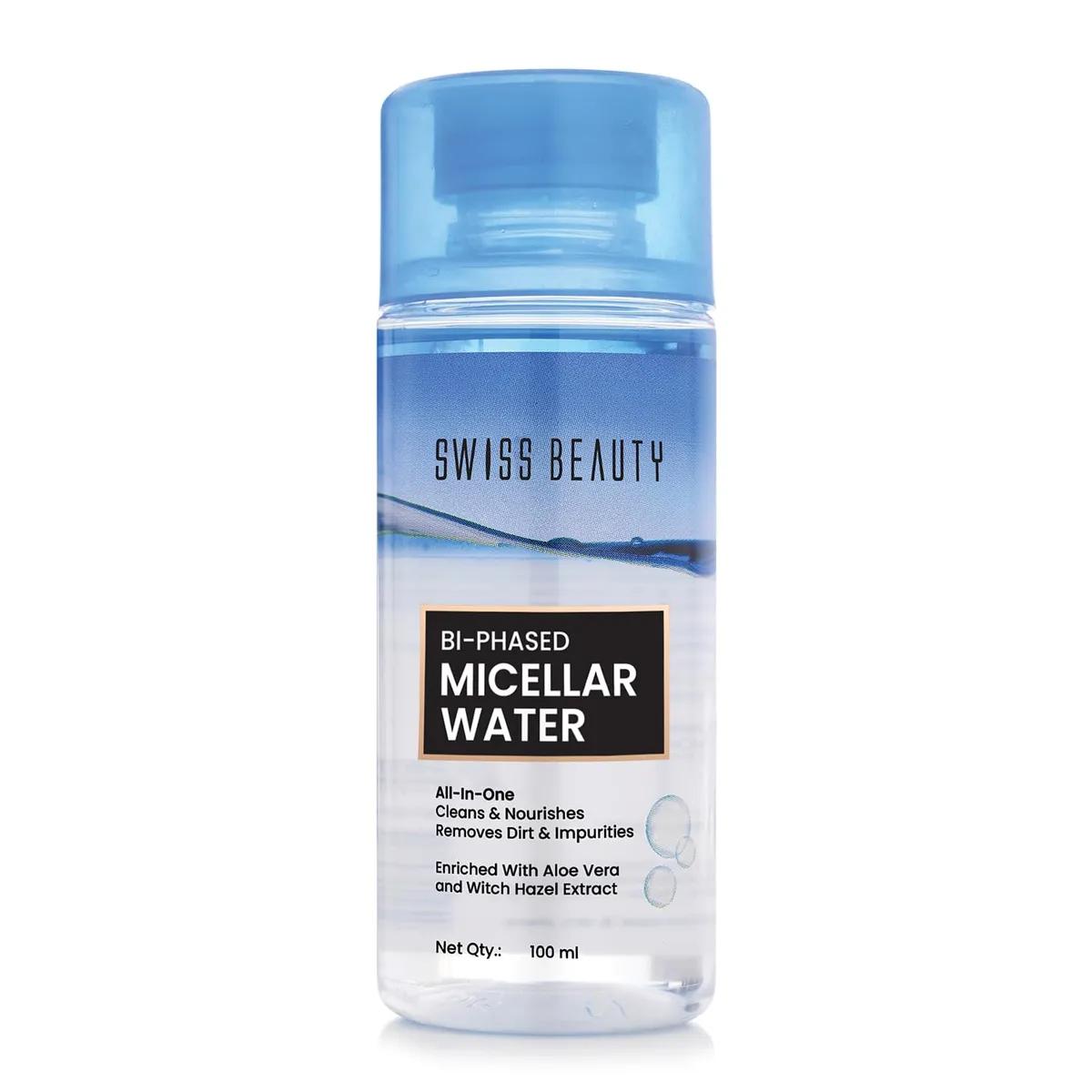 Swiss Beauty Bi-Phased Micellar Face Cleansing Water | Removes dirt, impurities and waterproof makeup | With Aloe vera and Witch Hazel | 100 ml