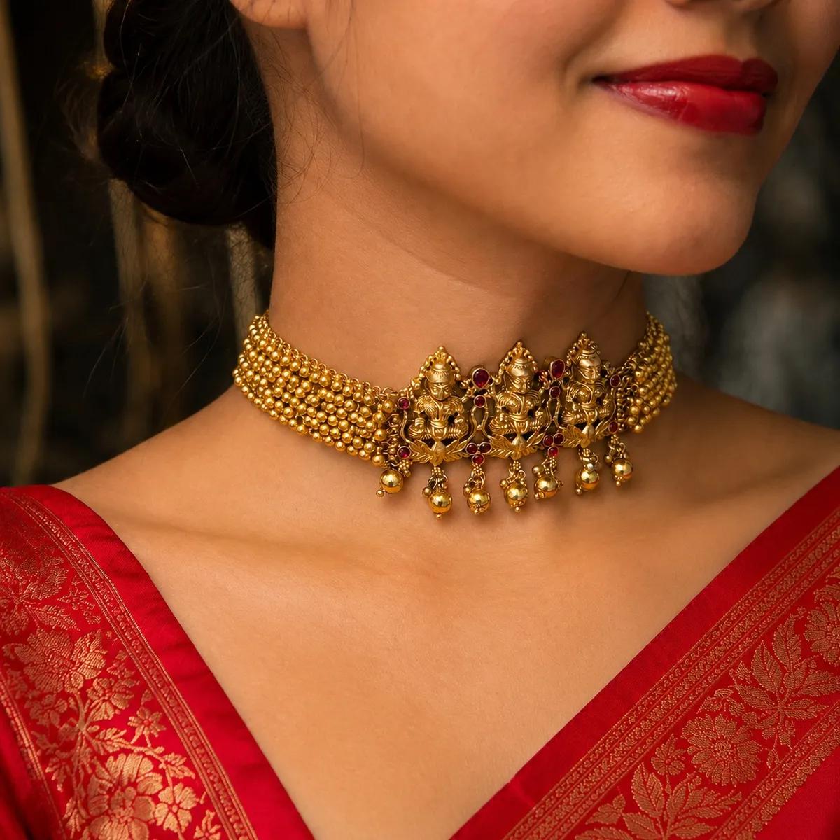 Triple Lakshmi Temple Choker Necklace (ANTIQUE-283)